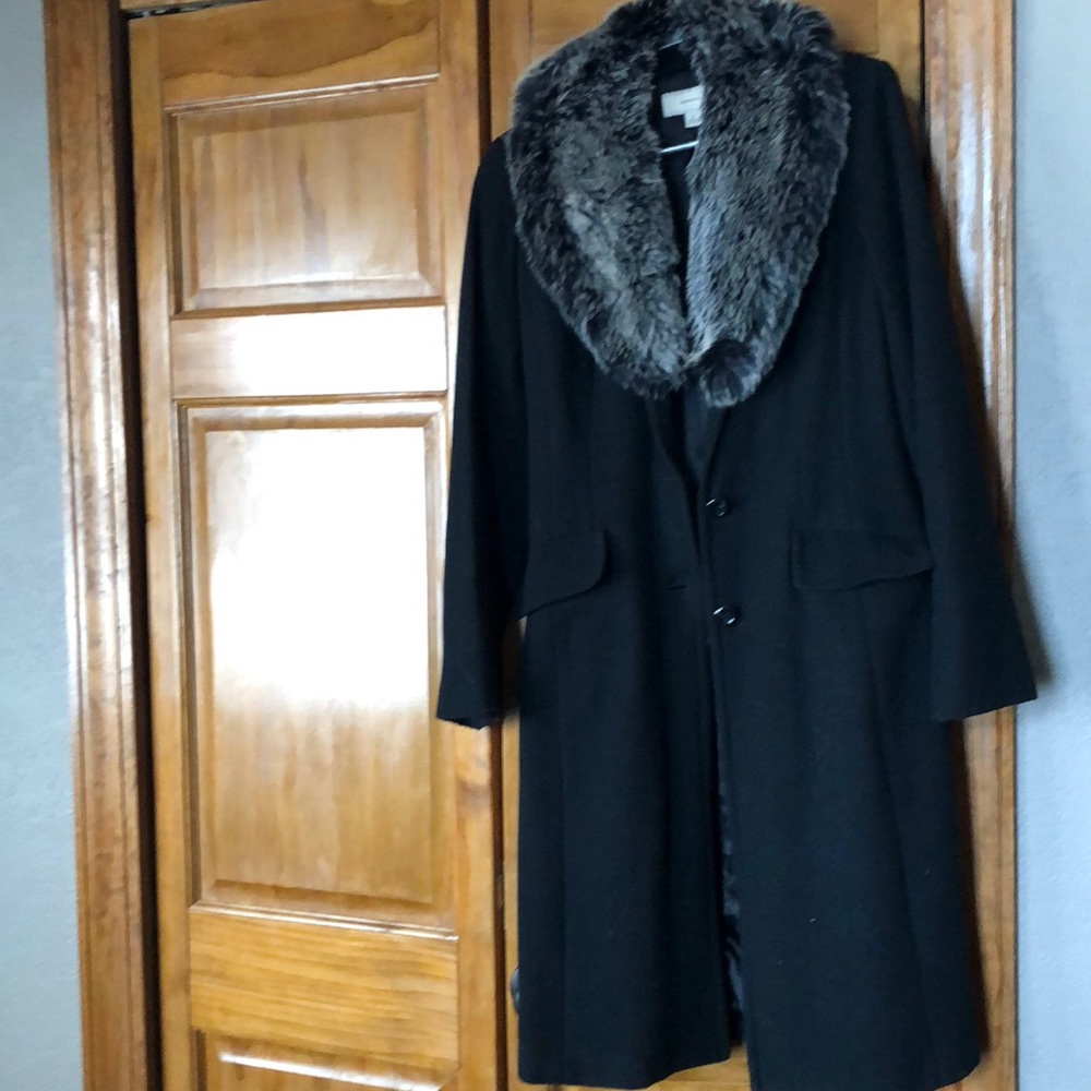 Long black pea coat with faux fur trim